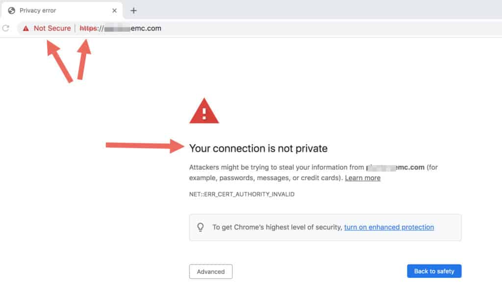 Chrome browser screenshot: your connection is not private